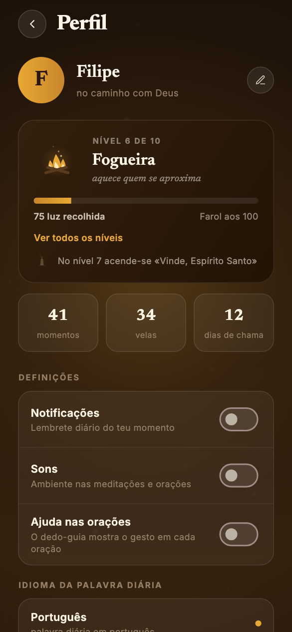Perfil — a tua luz, os teus níveis